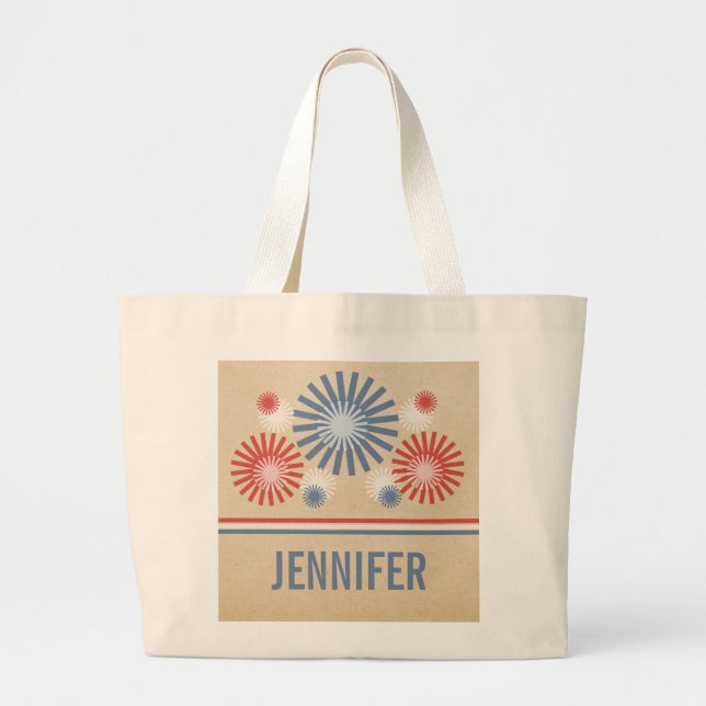 Bolsa Tote Grande Funky 4 de julho Fireworks & Stripes Bag (Frente)