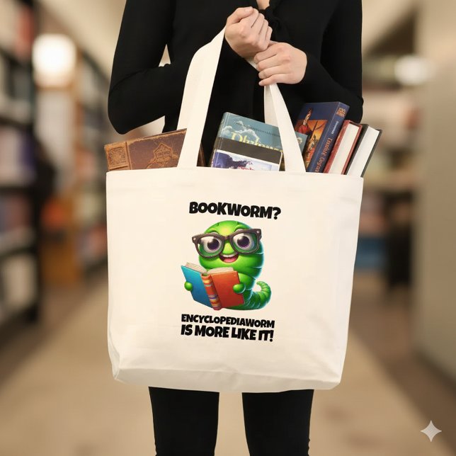 Bolsa Tote Grande Funny Bookworm? Encyclopediaworm is More Like It! (Funny Bookworm? Encyclopediaworm is More Like It! Large Tote Bag Cover Photo)