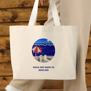 Bolsa Tote Grande Gaivotas só querem ter Sol Gaivota engraçada