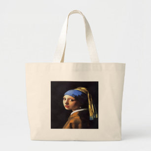 Bolsa Tote Grande Garota com pérolas ouvindo Johannes Vermeer