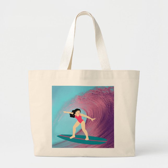 Bolsa Tote Grande Garota surfando no pôr do sol. (Frente)
