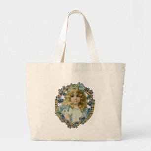 Bolsa Tote Grande Garota Vintage com Laço Azul Vitoriano e Flores