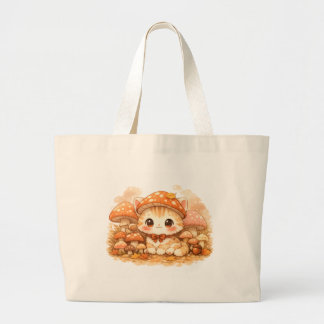 Bolsa Tote Grande Gatinho Floresta de Cogumelos Kawaii  Gato Fofo e 