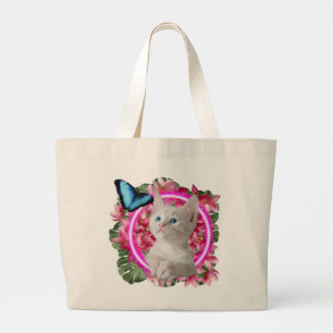 Bolsa Tote Grande Gatinho Gelado com borboleta azul em neon tropical