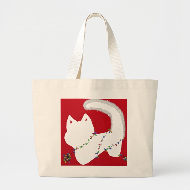 Bolsa Tote Grande Gato bonito com luzes de Natal (Frente)
