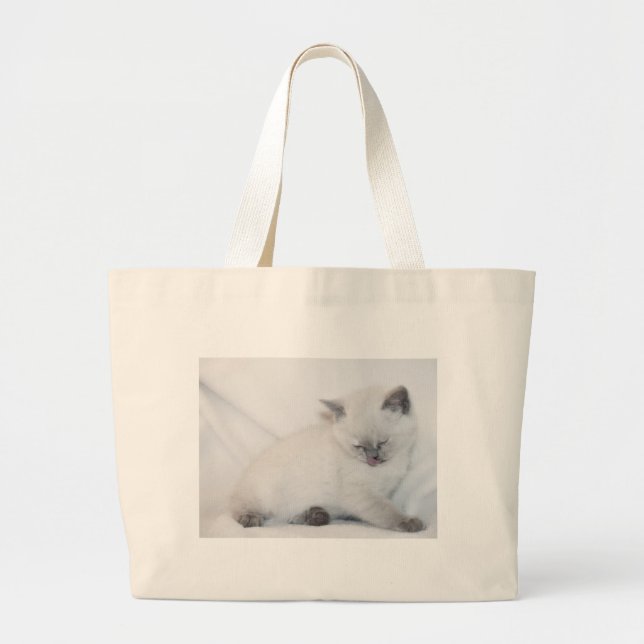 Bolsa Tote Grande Gato branco se limpando (Frente)