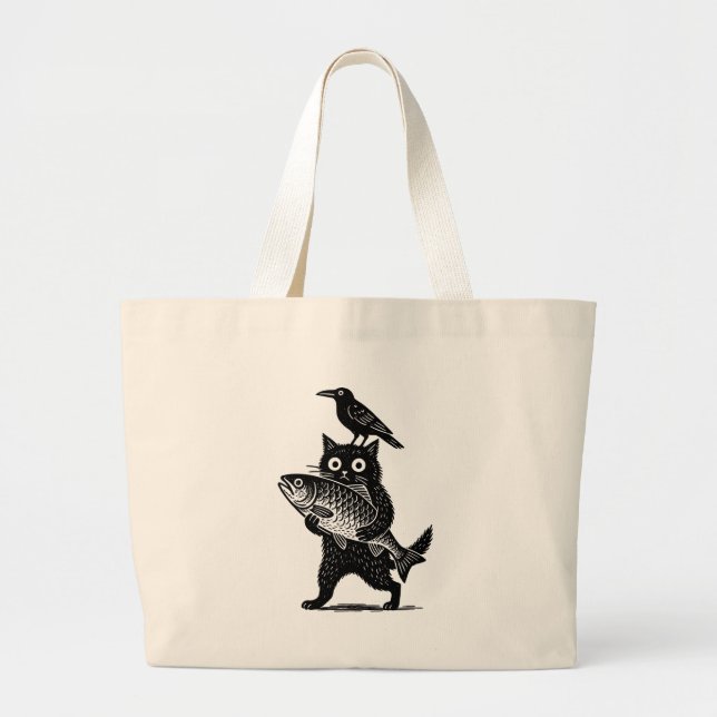 Bolsa Tote Grande Gato, Corvo e Captura (Frente)