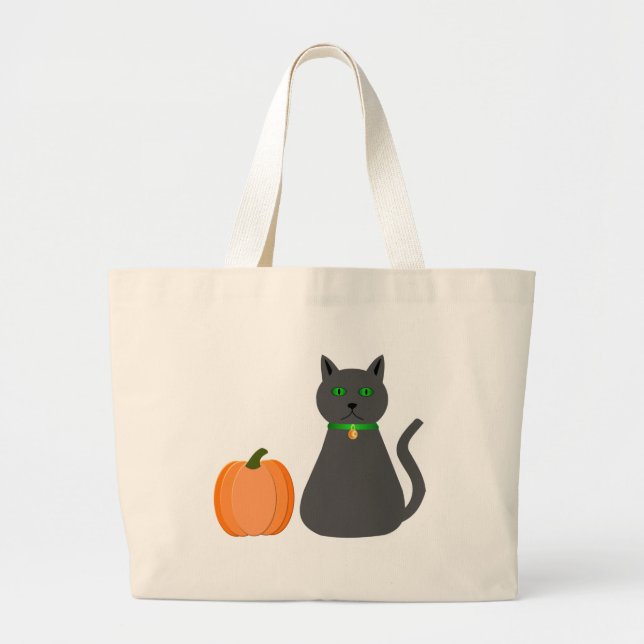 Bolsa Tote Grande Gato e Abóbora do Halloween (Frente)