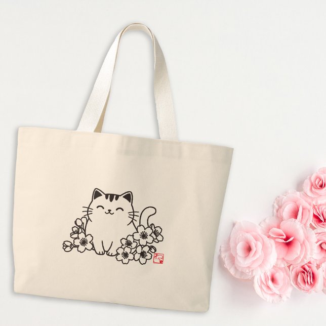 Bolsa Tote Grande Gato japonês bonito e Sakura com Carimbo Neko (Criador carregado)