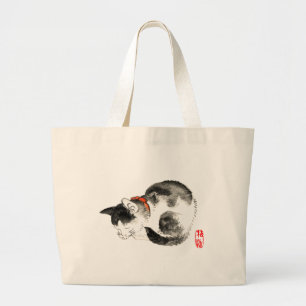 Bolsa Tote Grande Gato japonês preto e branco dormindo