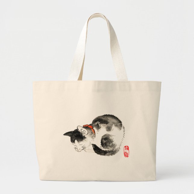 Bolsa Tote Grande Gato japonês preto e branco dormindo (Frente)