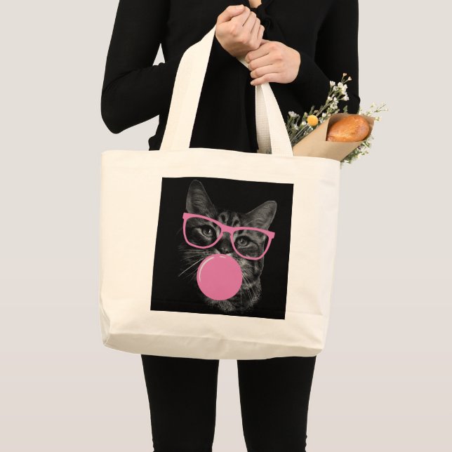 Bolsa Tote Grande Gato legal com Óculos Rosa e Goma-Bolha (Frente (produto))