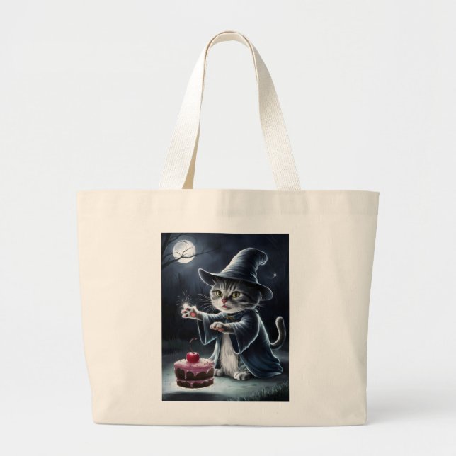 Bolsa Tote Grande Gato no Halloween. (Frente)