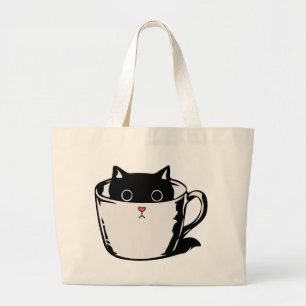Bolsa Tote Grande Gato preto com nariz vermelho escondido em um copo