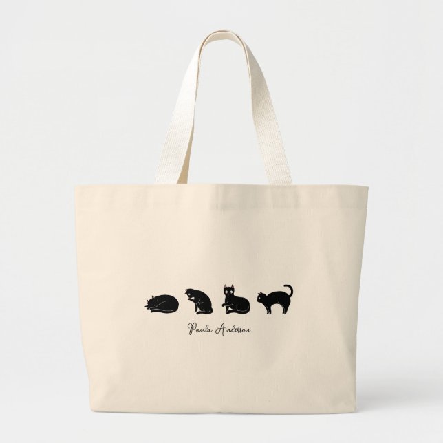 Bolsa Tote Grande Gato Preto Cute Engraçado Personalizável (Frente)