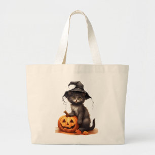 Bolsa Tote Grande Gato Preto Fofo Chapéu de Bruxa Abóbora Fantasia d