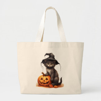 Bolsa Tote Grande Gato Preto Fofo Chapéu de Bruxa Abóbora Fantasia d