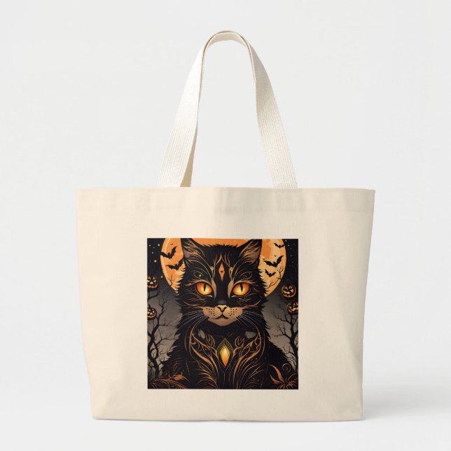 Bolsa Tote Grande Gato preto rico, Lua cheia e morcegos (Frente)