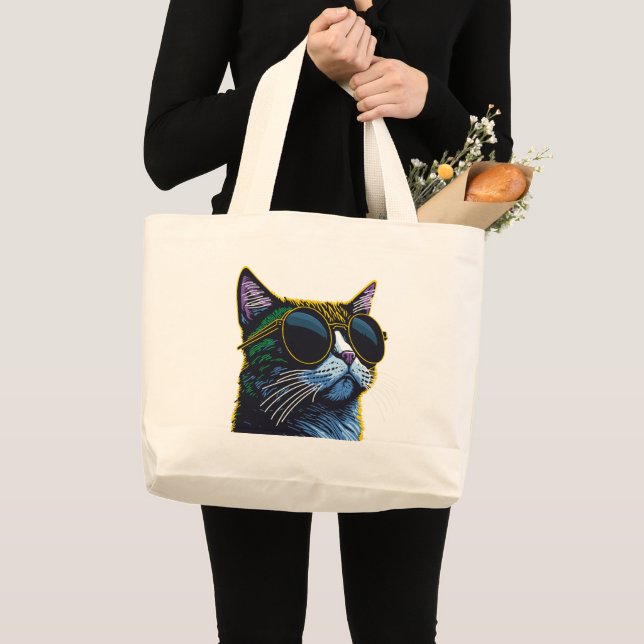 Bolsa Tote Grande Gato Retroativo: Óculos Amarelos (Frente (produto))