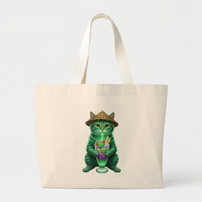 Bolsa Tote Grande Gato verde bebendo gelo  (Frente)