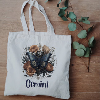 Bolsa Tote Grande Gemini Zodiac Vintage Art com texto azul escuro