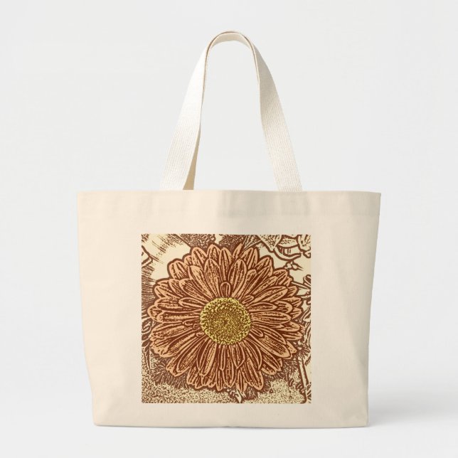 Bolsa Tote Grande Gerbera Daisy Block Impressão - castanho e bronzea (Frente)