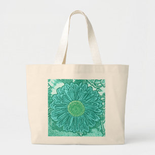 Bolsa Tote Grande Gerbera Daisy Block Impressão - tons de aqua