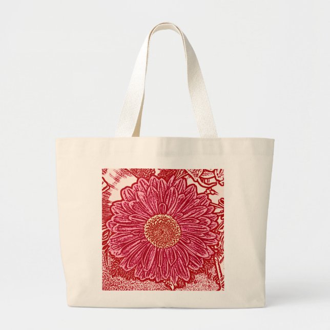 Bolsa Tote Grande Gerbera Daisy Block Impressão - vermelho e rosa (Frente)