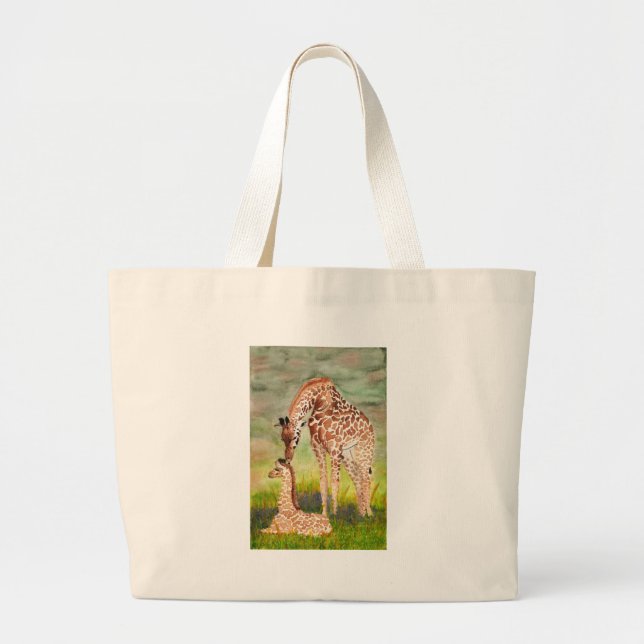 Bolsa Tote Grande Girafas da mãe e do bebê (Frente)