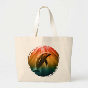 Bolsa Tote Grande golfinho verão mar oceano pôr do sol