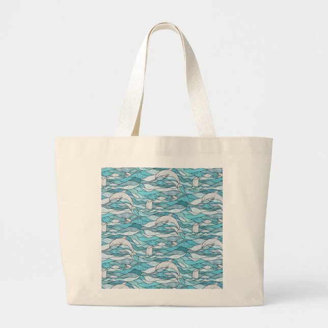 Bolsa Tote Grande Golfinhos De Vidro Arrefecidos Do Oceano Azul (Frente)