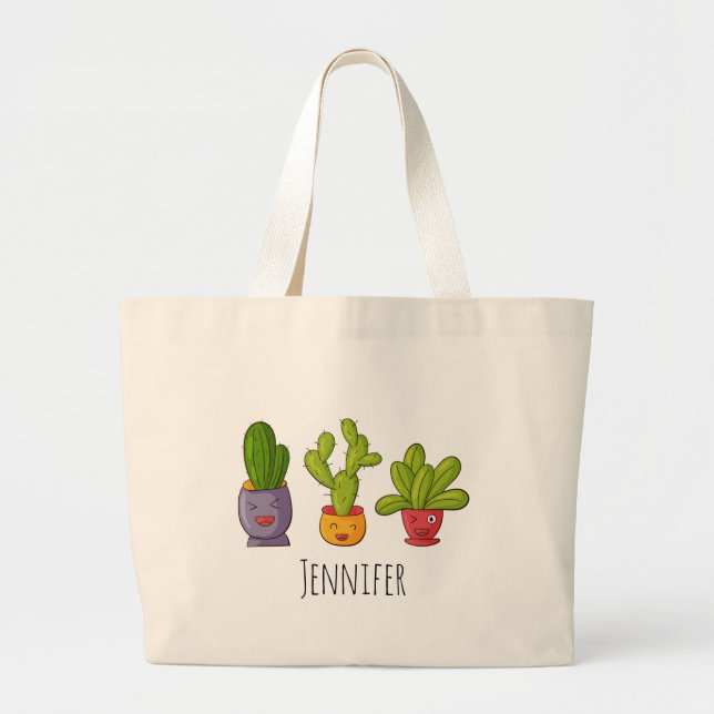 Bolsa Tote Grande Gráfico de três cactos bonitos em Potes de flores (Frente)