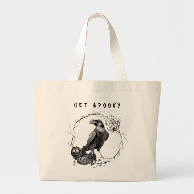 Bolsa Tote Grande Grande Black Raven ou Crow Halloween Gothic Spooky (Frente)