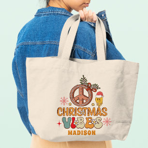 Bolsa Tote Grande Groovy Retro Christmas Vibes Peace Sign Name