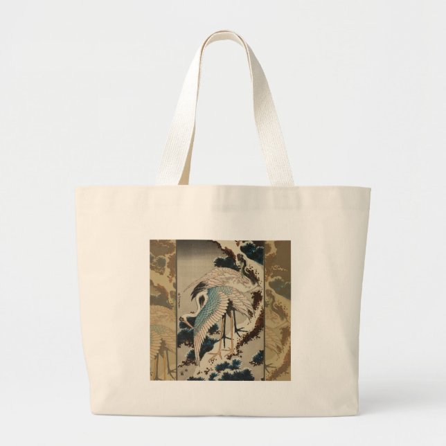 Bolsa Tote Grande Gruas em Pine Hokusai coberto de neve (Frente)