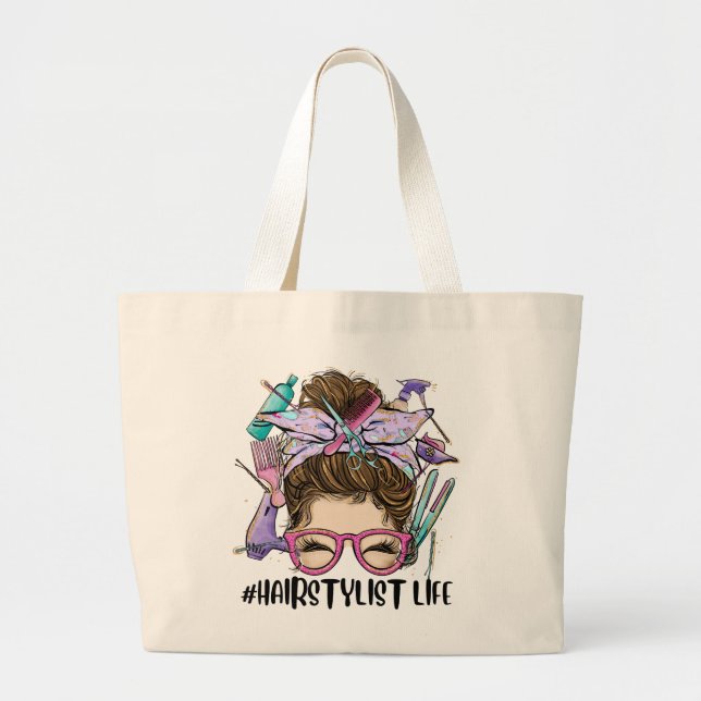 Bolsa Tote Grande Hairdresser Messy Bun Cosmetologista Hairstylist (Frente)