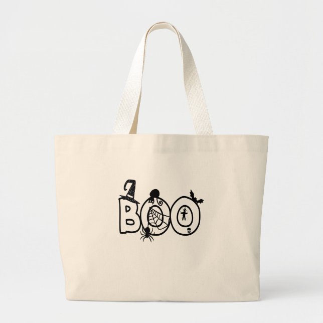 Bolsa Tote Grande Halloween Boo com bruxas e aranha de gato preto (Frente)