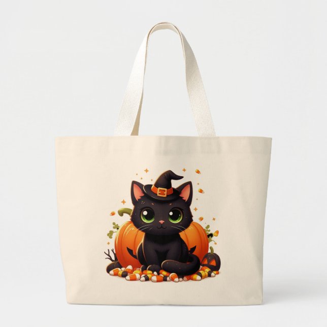 Bolsa Tote Grande Halloween de Gato Negro Bonito (Frente)