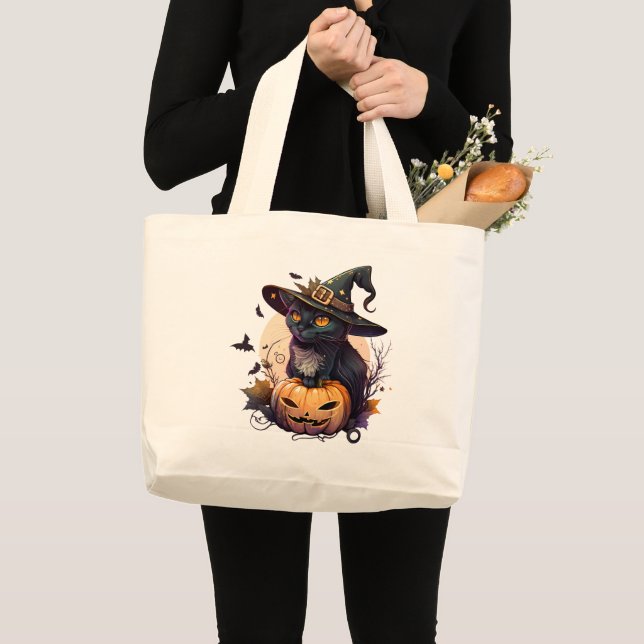 Bolsa Tote Grande Halloween de Gato Negro Bonito (Frente (produto))