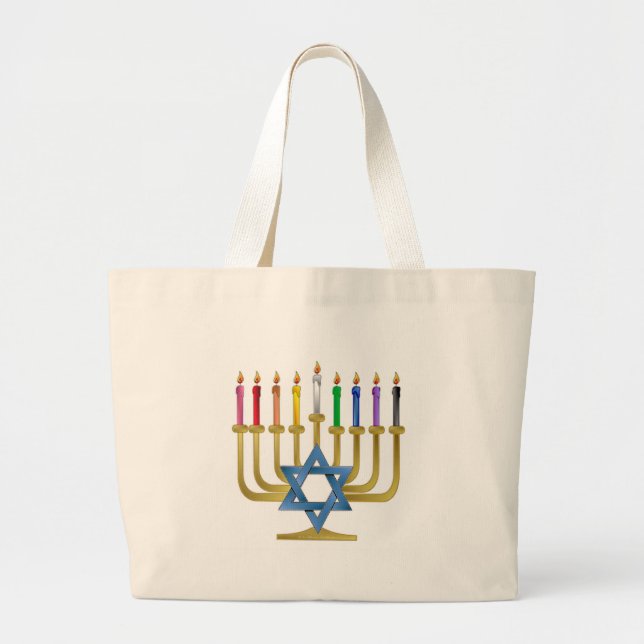 Bolsa Tote Grande Hanukkah Rainbow Candles Dourados Menorah (Frente)