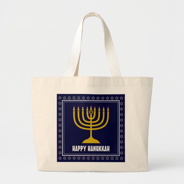 Bolsa Tote Grande HANUKKAH Star David Menorah personalizou DARK BLUE (Frente)
