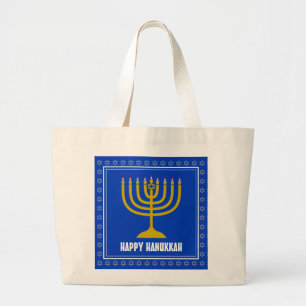 Bolsa Tote Grande HANUKKAH Star David Menorah Personalizou o AZUL