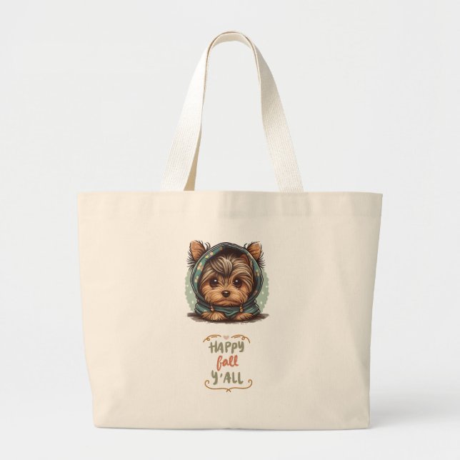 Bolsa Tote Grande Happy Fall Y Yorkshire Terrier Autumn Hoodie (Frente)