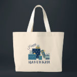 Bolsa Tote Grande Happy Hanukkah<br><div class="desc">Esta design é linda e brilhante e te enche até a borda com espírito de feriado e é perfeita em presentes,  corredores de mesa,  roupas de cozinha,  decoração domiciliar e em todas as coisas Hanukkah!</div>