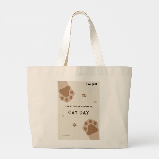 Bolsa Tote Grande happy international cat day cute paw print design (Verso)