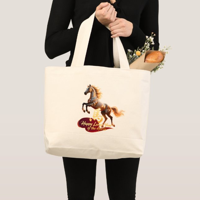 Bolsa Tote Grande Happy Lunar New Year Majestic Golden Horse  (Frente (produto))