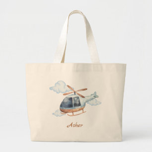 Bolsa Tote Grande Helicóptero Azul Personalizado em Aquarela para Me