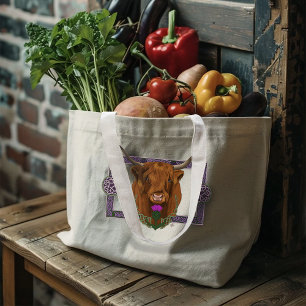 Bolsa Tote Grande Highland Scottish Cow Purple Celular Knot Work