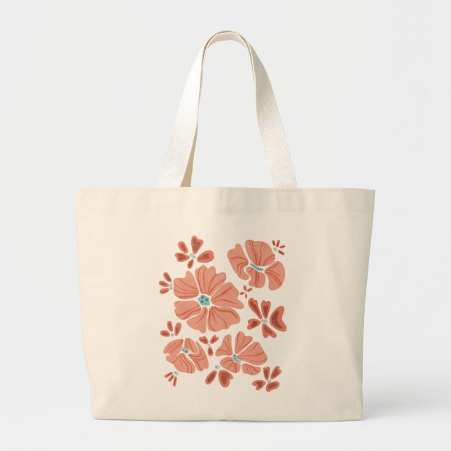 Bolsa Tote Grande Hippie Blooms: Abstrato Red Flower Power Trabalho  (Frente)