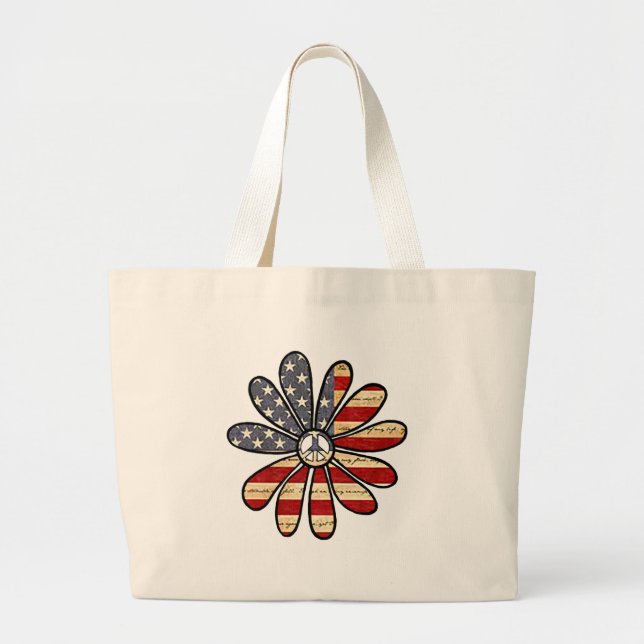Bolsa Tote Grande Hippie Flower Power Sign American Flag (Frente)